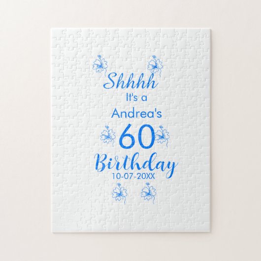 Blue white mauve shhhh 60th birthday floral name ジグソーパズル (縦)