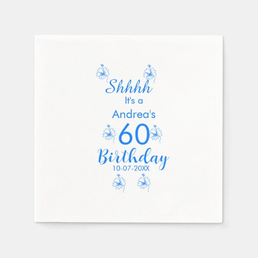 Blue white mauve shhhh 60th birthday floral name スタンダードカクテルナプキン (正面)
