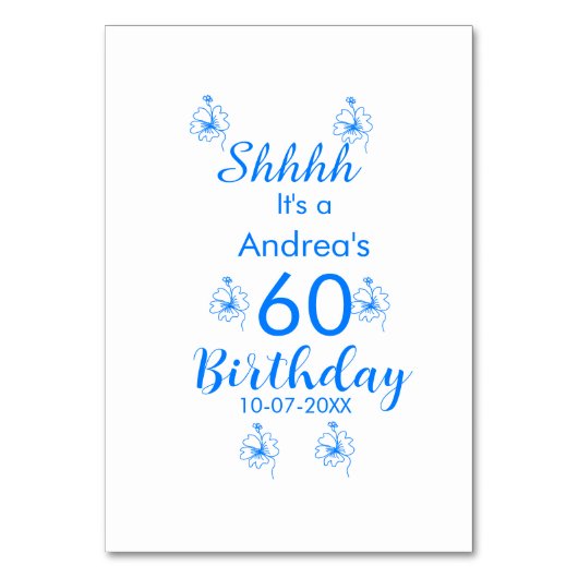 Blue white mauve shhhh 60th birthday floral name テーブルナンバー (正面)