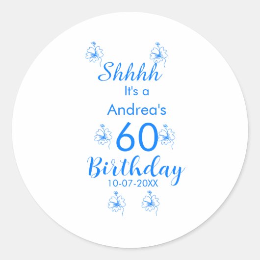 Blue white mauve shhhh 60th birthday floral name ラウンドシール (正面)