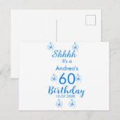 Blue white mauve shhhh 60th birthday floral name 案内ポストカード (正面/裏面)