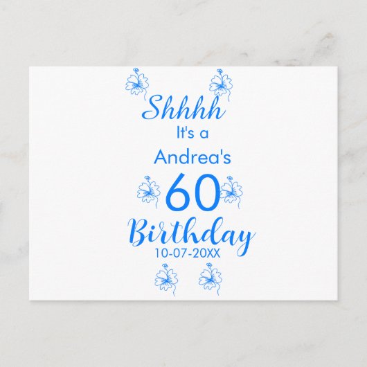 Blue white mauve shhhh 60th birthday floral name 案内ポストカード (正面)