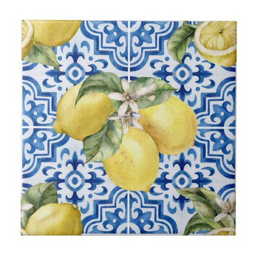 Blue White Mediterranean Lemon Pattern タイル (正面)