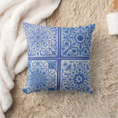 Blue White Mediterranean Tile Botanical Pattern クッション (ブランケット)