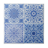 Blue White Mediterranean Tile Botanical Pattern タイル (正面)