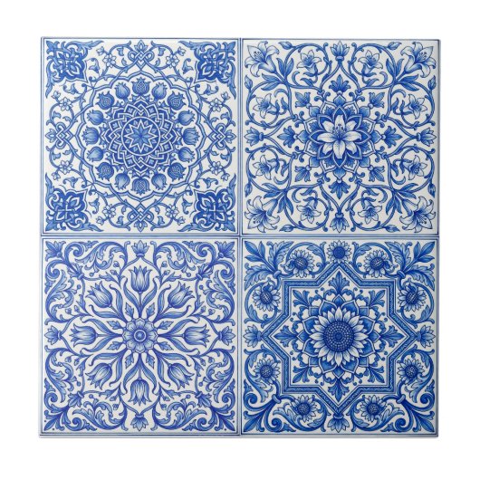 Blue White Mediterranean Tile Botanical Pattern タイル (正面)