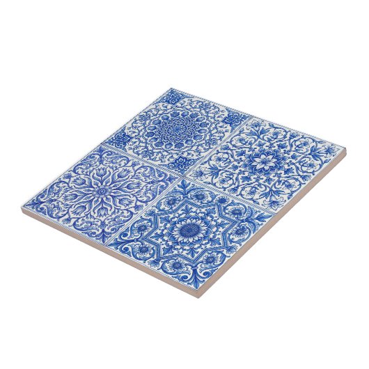 Blue White Mediterranean Tile Botanical Pattern タイル (側面)