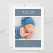 Blue White Minimalist Photo Baby Announcement Card 招待状 (正面)