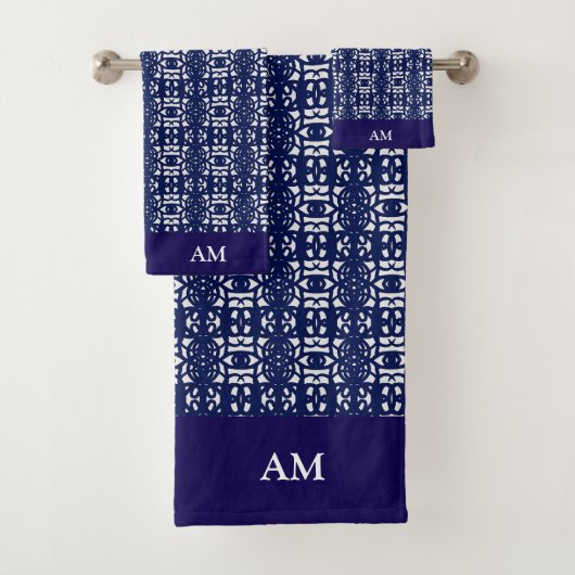 Blue & White Modern Abstract Pattern and Monogram バスタオルセット (インサイチュ)