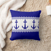 Blue White Nautical Anchor Coastal Stripes クッション (ブランケット)