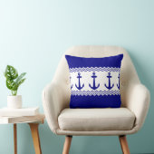 Blue White Nautical Anchor Coastal Stripes クッション (椅子)