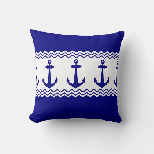 Blue White Nautical Anchor Coastal Stripes クッション (正面)