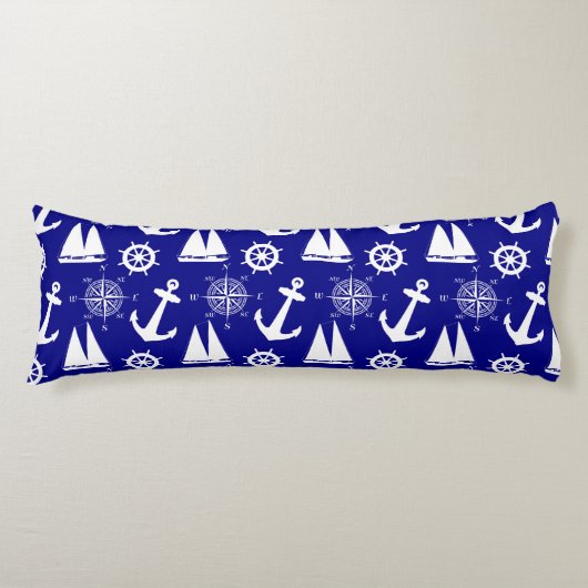 Blue White Nautical Coastal Boating ボディピロー (正面)
