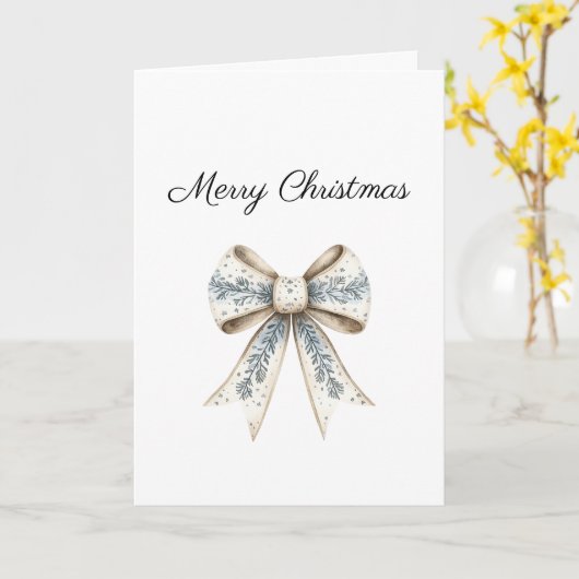 Blue White Nordic Cream Bow Christmas カード (黄色い花)