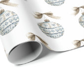 Blue White Nordic Ornaments Cream Bow Christmas ラッピングペーパー (ロールコーナー)
