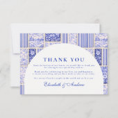 Blue White Patchwork Toile Wedding サンキューカード (正面)
