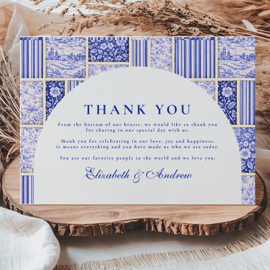 Blue White Patchwork Toile Wedding サンキューカード