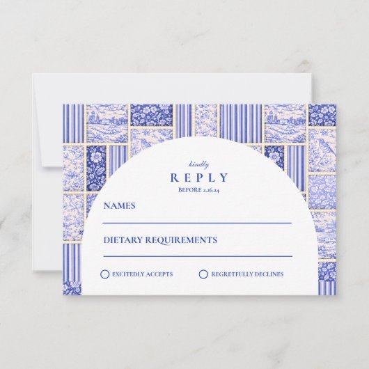 Blue White Patchwork Toile Wedding 出欠カード (正面)