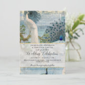 Blue White Peacock エレガントヴィンテージスクリプトMonogram 招待状 (スタンド正面)