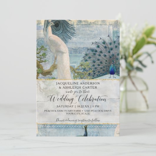 Blue White Peacock エレガントヴィンテージスクリプトMonogram 招待状 (スタンド正面)