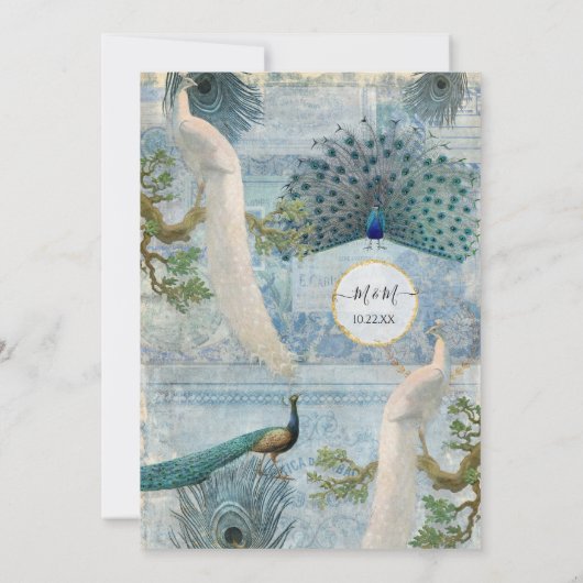 Blue White Peacock エレガントヴィンテージスクリプトMonogram 招待状 (裏面)