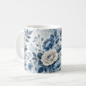 Blue & White Peony Floral Mug – Elegant Botanical  コーヒーマグカップ (正面左)