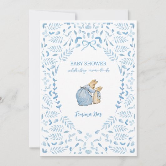Blue White Peter the Rabbit Beatrix Baby Shower 招待状 (正面)