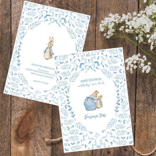 Blue White Peter the Rabbit Beatrix Baby Shower 招待状