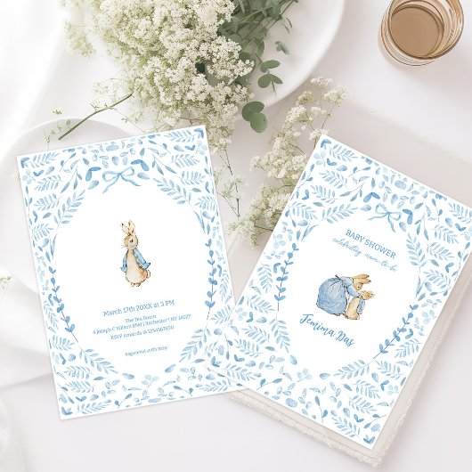 Blue White Peter the Rabbit Beatrix Baby Shower 招待状
