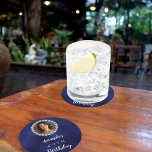 Blue white photo diamonds ラウンドペーパーコースター<br><div class="desc">For an elegant 40th (or any age) birthday. A blue uneven colored background. Personalize and add a name and age. Add a photo into the faux diamond frame. White text.</div>