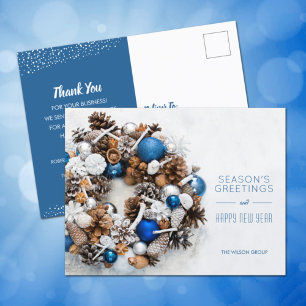Blue White Pine Wreath Business Holiday Postcards シーズンポストカード