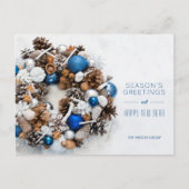 Blue White Pine Wreath Business Holiday Postcards シーズンポストカード (正面)