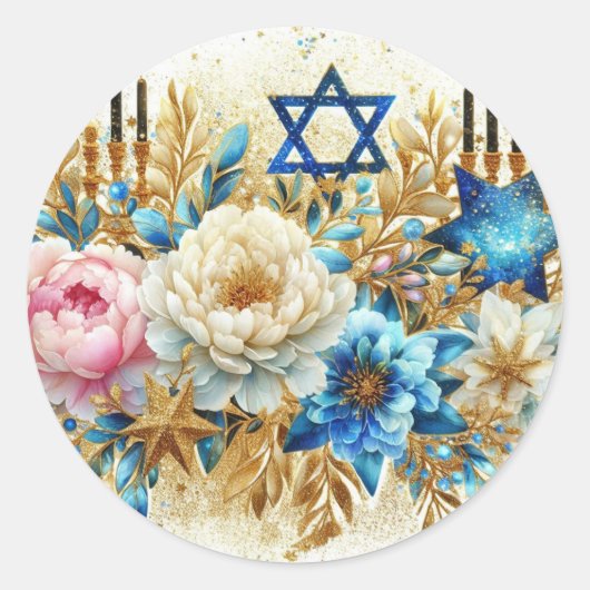 Blue white pink peonies glitter sparkle watercolor ラウンドシール (正面)