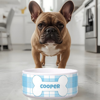 Blue White Plaid Pattern Name Bone Dog Food Water ボウル