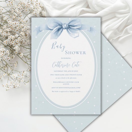 Blue White Polkadots Ribbon Baby Shower 招待状
