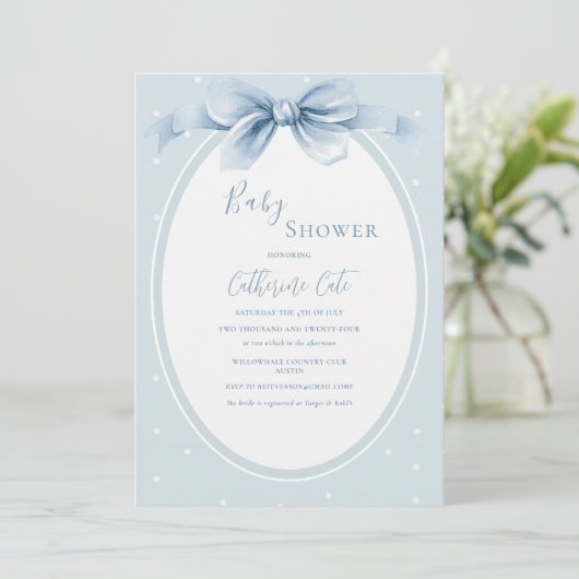 Blue White Polkadots Ribbon Baby Shower 招待状 (スタンド正面)