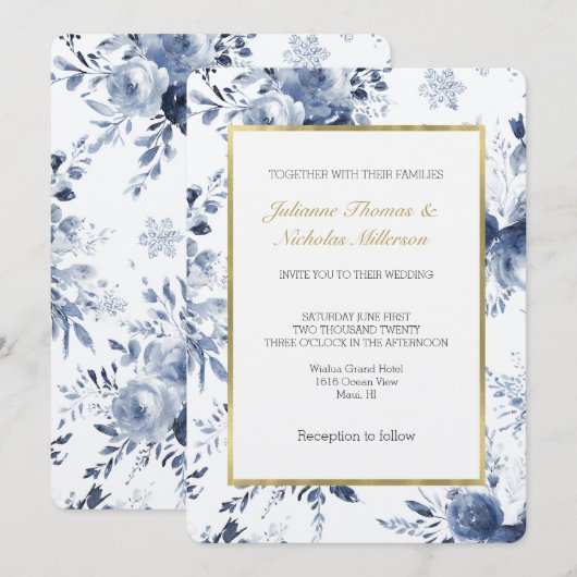 Blue White Romantic Floral Wedding 招待状 (正面/裏面)