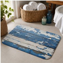 Blue White Rustic Wood Plank Coastal Weathered バスマット