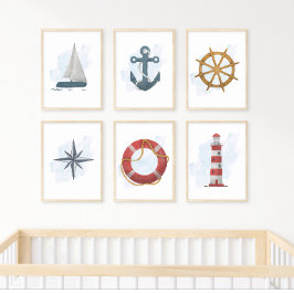 Blue White Sailboat Nautical Ocean Theme ポスター