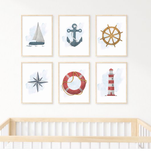 Blue White Sailboat Nautical Ocean Theme ポスター