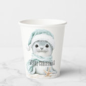 Blue White Santa Hat Scarf Seal Christmas 紙コップ (正面)