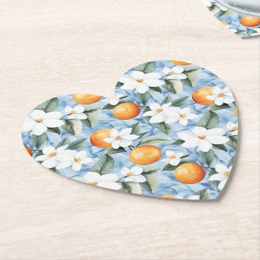 Blue White Sicilian Summer Floral Oranges Wedding ペーパーコースター (アングル)