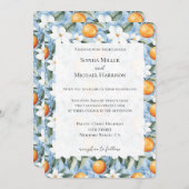 Blue White Sicilian Summer Floral Oranges Wedding 招待状 (正面/裏面)