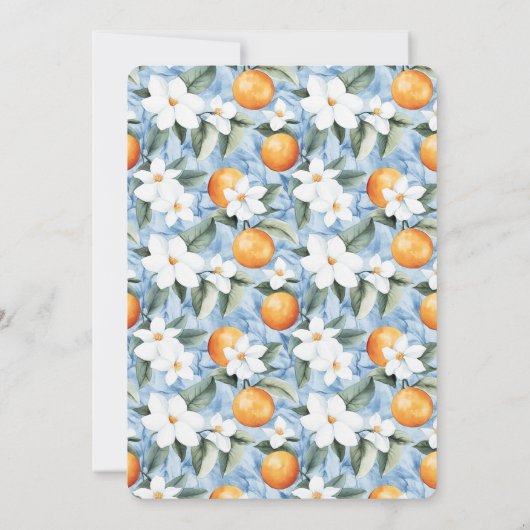 Blue White Sicilian Summer Floral Oranges Wedding 招待状 (裏面)
