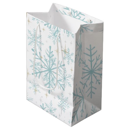 Blue & White Snowflake Sparkle Gift Bag – Frosty ミディアムペーパーバッグ (正面アングル)