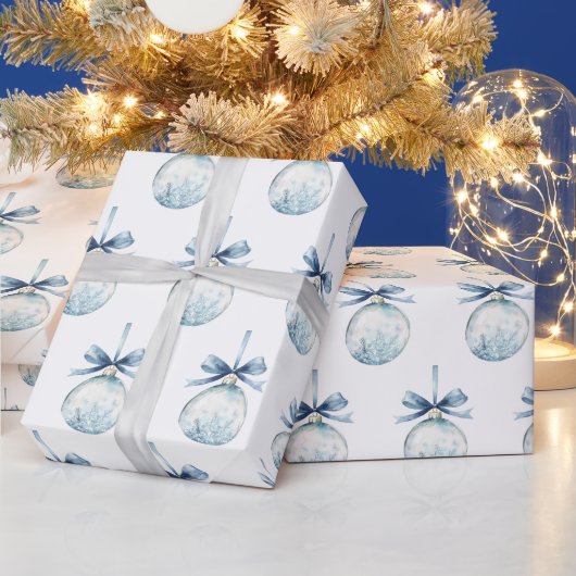 Blue White Snowflakes Bows Bulbs Christmas ラッピングペーパー (クリスマス)