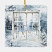 Blue White Snowflakes Deer Window Christmas セラミックオーナメント (正面)
