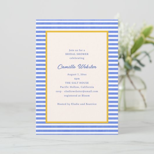Blue White Stripe Coastal Retro Bridal Shower 招待状 (スタンド正面)