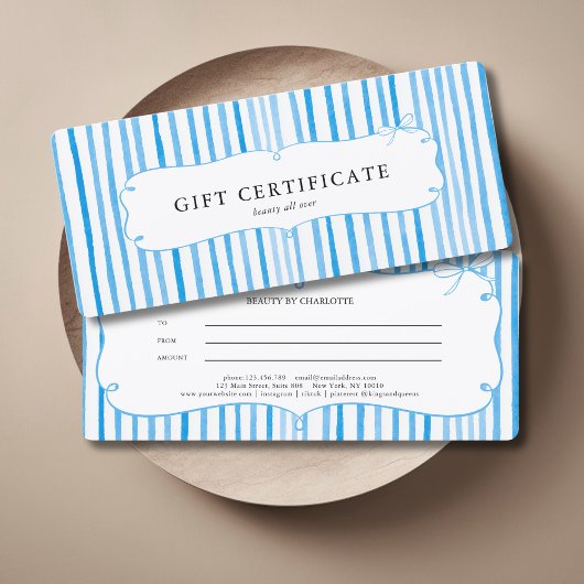 Blue White Stripe Vintage Bow Gift Certificate