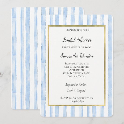 Blue White Stripes Bridal Shower 招待状 (正面/裏面)